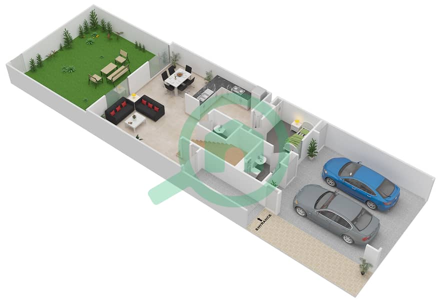 المخططات الطابقية لتصميم الوحدة MID UNIT تاون هاوس 3 غرف نوم - امارانتا Ground Floor interactive3D