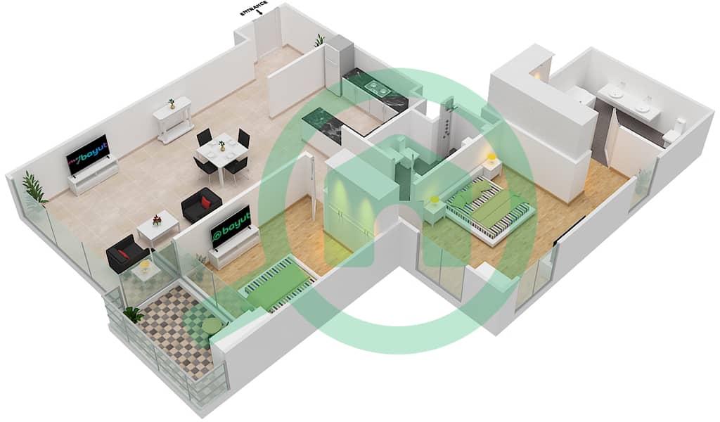 المخططات الطابقية لتصميم الوحدة 6B شقة 2 غرفة نوم - 5242 برج 1 Floor 7-26,28-33 interactive3D