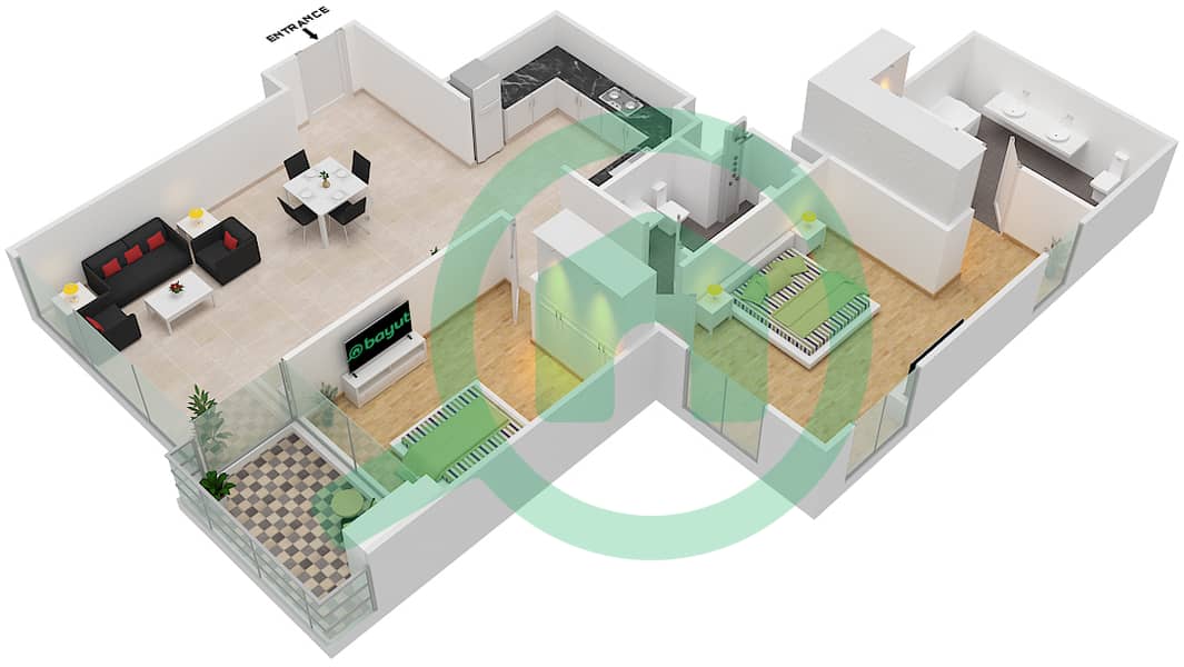 المخططات الطابقية لتصميم الوحدة 7A شقة 2 غرفة نوم - 5242 برج 1 Floor 11,21 interactive3D