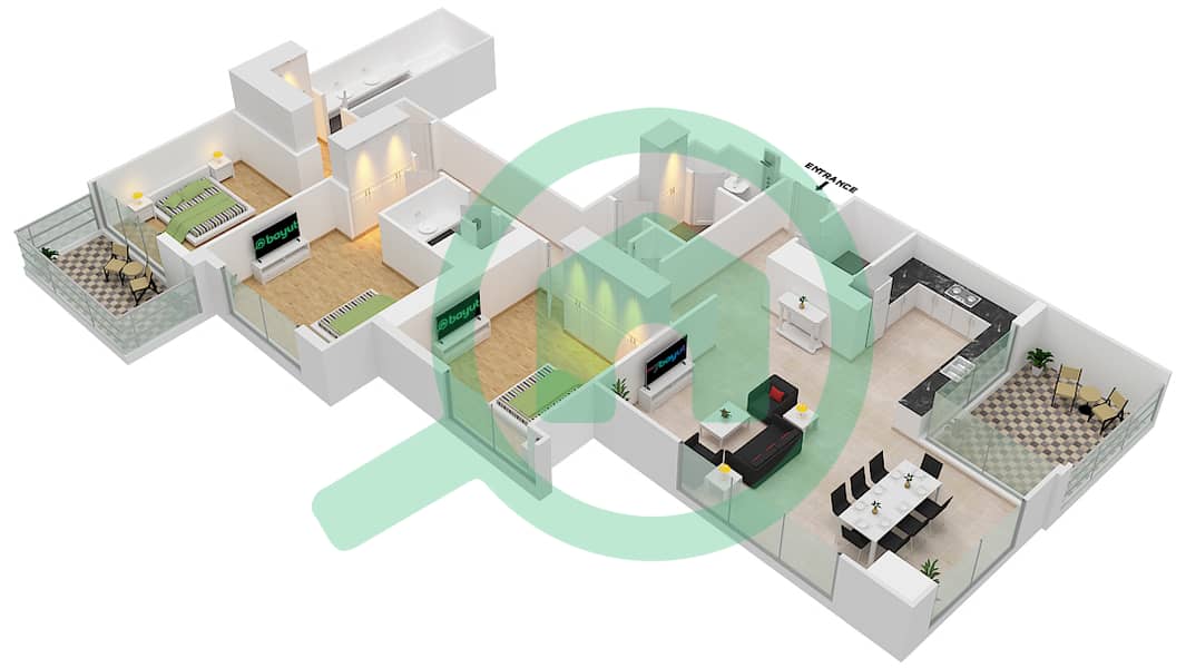 المخططات الطابقية لتصميم الوحدة 2B شقة 3 غرف نوم - 5242 برج 1 Floor 34-45 interactive3D