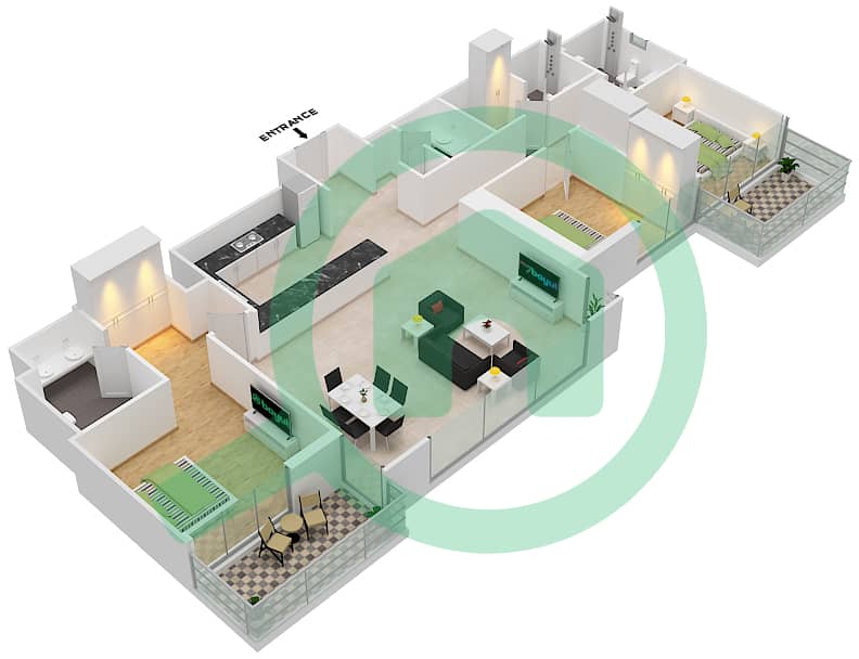 المخططات الطابقية لتصميم الوحدة 3A شقة 3 غرف نوم - 5242 برج 1 Floor 34-45 interactive3D