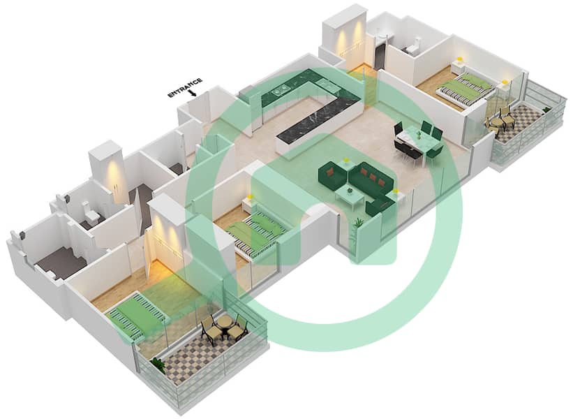المخططات الطابقية لتصميم الوحدة 3B شقة 3 غرف نوم - 5242 برج 1 Floor 37 interactive3D