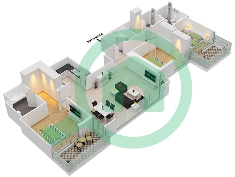 المخططات الطابقية لتصميم الوحدة 4B شقة 3 غرف نوم - 5242 برج 1 Floor 37 interactive3D