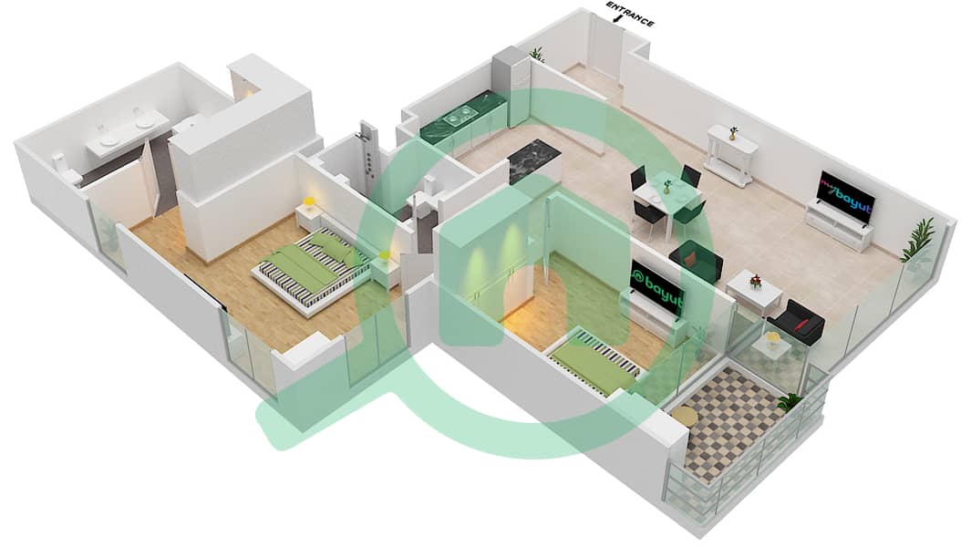 المخططات الطابقية لتصميم الوحدة 3C شقة 2 غرفة نوم - 5242 برج 2 Floor 6 interactive3D