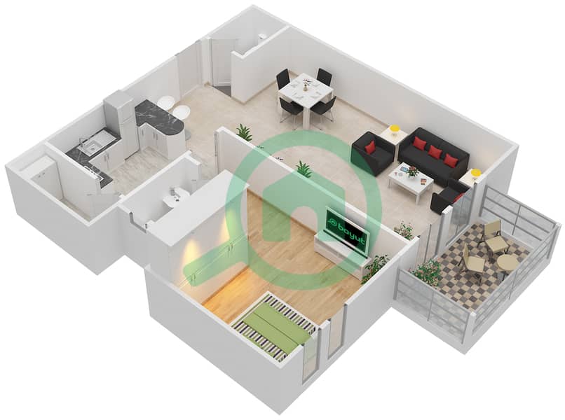 المخططات الطابقية لتصميم النموذج D شقة 1 غرفة نوم - بوابات السيليكون 2 interactive3D