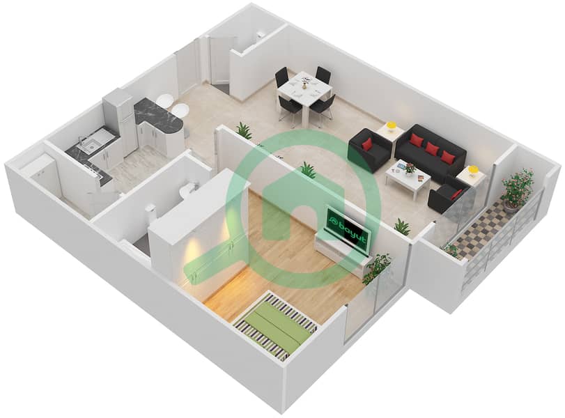 Силикон Гейтс 2 - Апартамент 1 Спальня планировка Тип E interactive3D