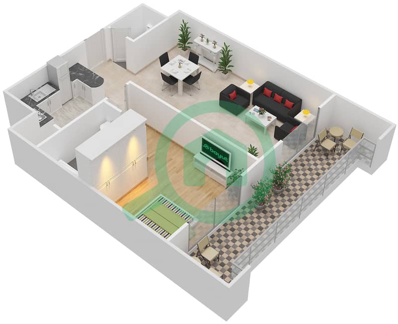 المخططات الطابقية لتصميم النموذج F شقة 1 غرفة نوم - بوابات السيليكون 2 interactive3D