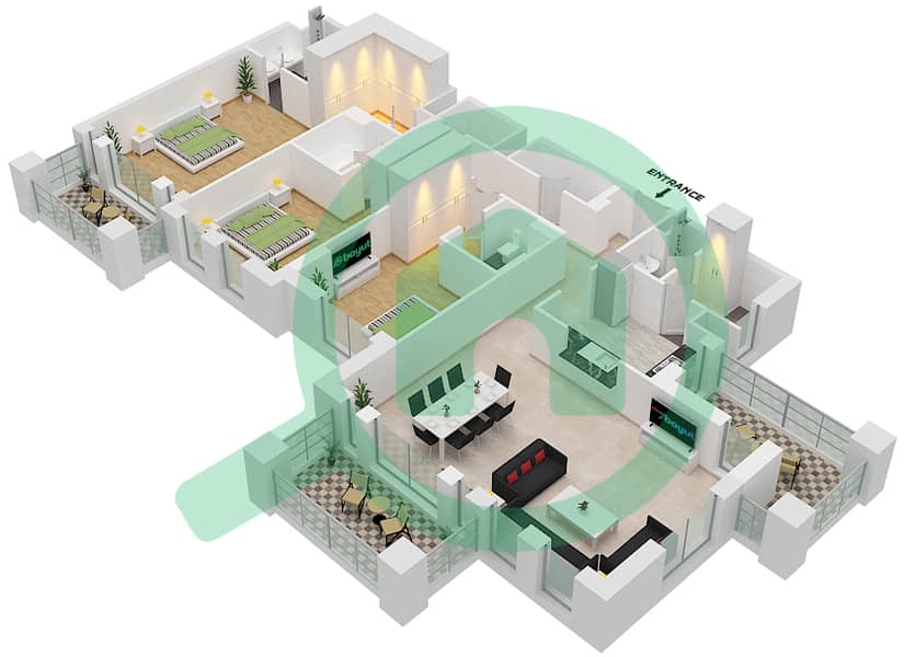 المخططات الطابقية لتصميم النموذج / الوحدة D1/2 شقة 3 غرف نوم - رحال Floor 4-9 interactive3D