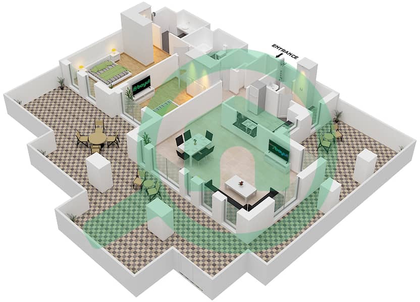 المخططات الطابقية لتصميم النموذج / الوحدة E/12 شقة 2 غرفة نوم - رحال Floor 2 interactive3D