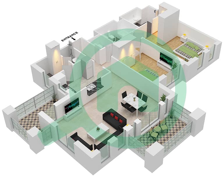 拉哈勒小区 - 2 卧室公寓类型／单位E/2,12戶型图 Floor 3 interactive3D