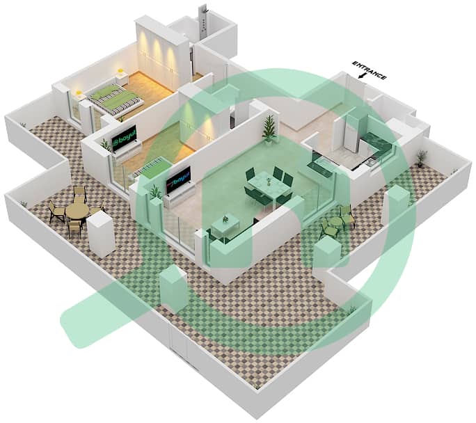 拉哈勒小区 - 2 卧室公寓类型／单位B1/3戶型图 Floor 2 interactive3D