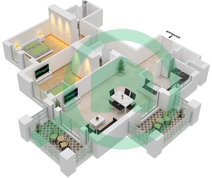 المخططات الطابقية لتصميم النموذج / الوحدة B1/ 3 شقة 2 غرفة نوم - رحال Floor 3-9 interactive3D