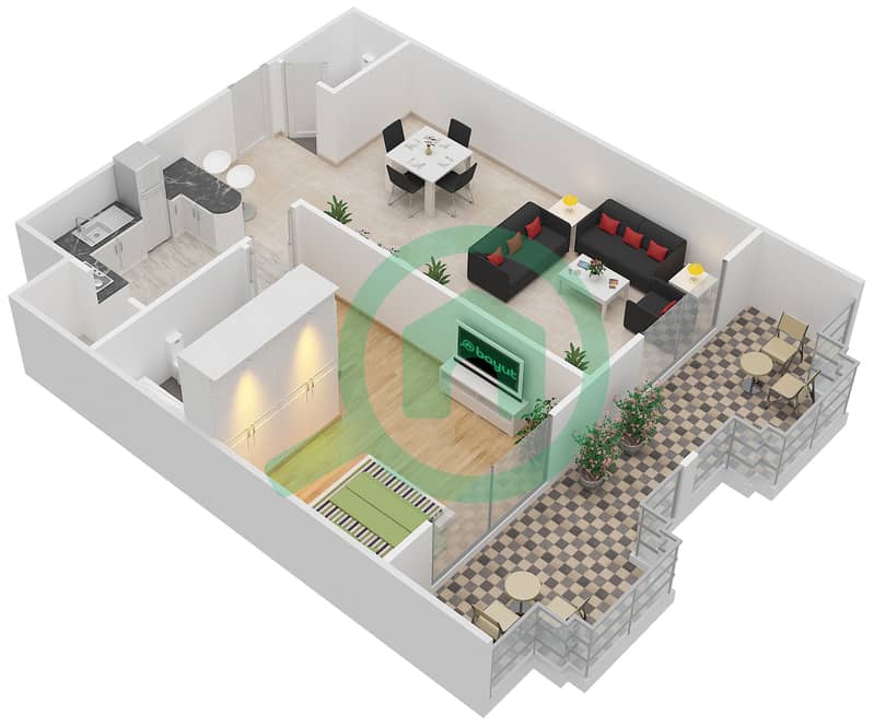 المخططات الطابقية لتصميم النموذج G شقة 1 غرفة نوم - بوابات السيليكون 2 interactive3D