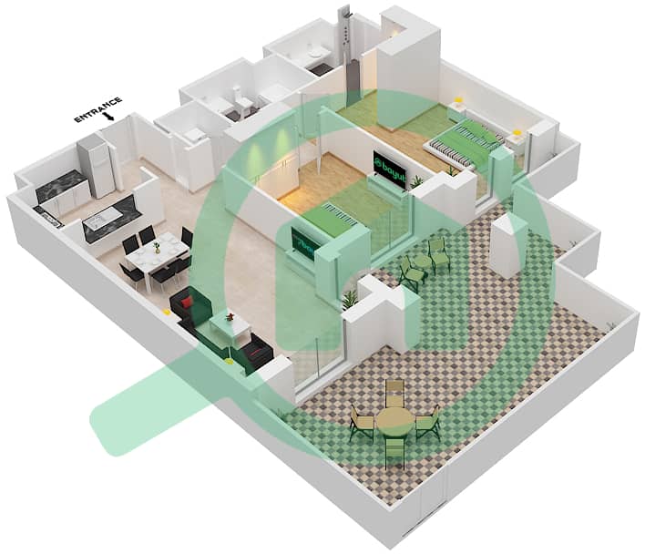 拉哈勒小区 - 2 卧室公寓类型／单位A4/ 1戶型图 interactive3D