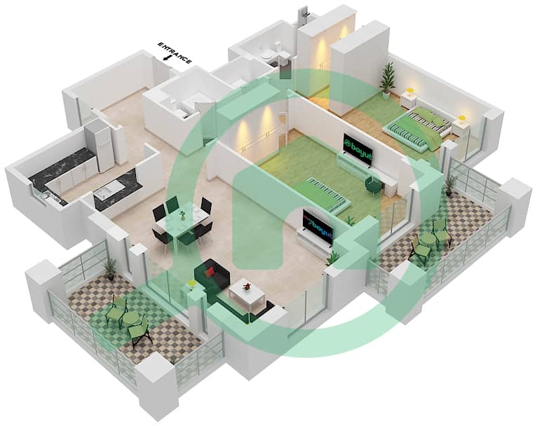 المخططات الطابقية لتصميم النموذج / الوحدة A3/6 شقة 2 غرفة نوم - رحال interactive3D