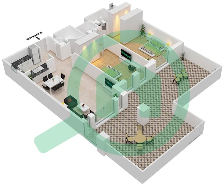 المخططات الطابقية لتصميم النموذج / الوحدة A/5 شقة 2 غرفة نوم - رحال Floor 2 interactive3D