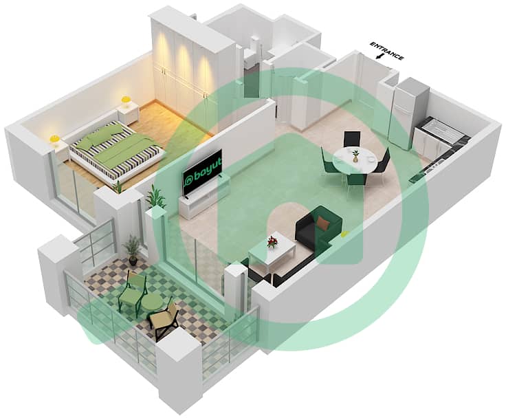 Rahaal - 1 Bedroom Apartment Type/unit A3/ 1 Floor plan Floor 1,4-9 interactive3D