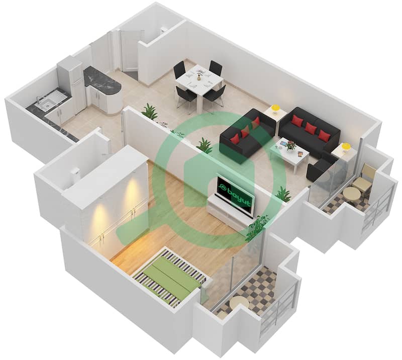المخططات الطابقية لتصميم النموذج H شقة 1 غرفة نوم - بوابات السيليكون 2 interactive3D