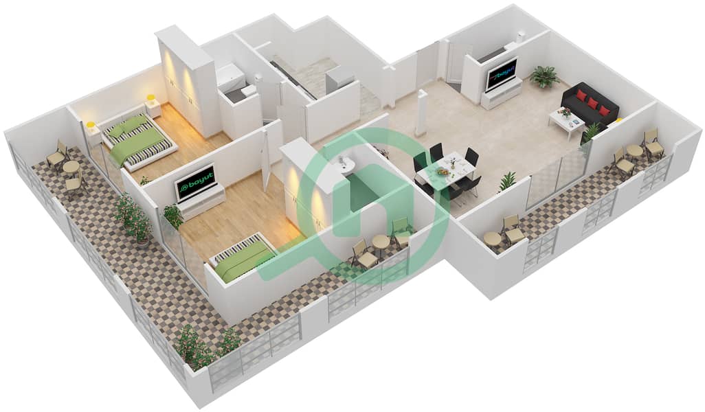 Силикон Гейтс 2 - Апартамент 2 Cпальни планировка Тип B interactive3D