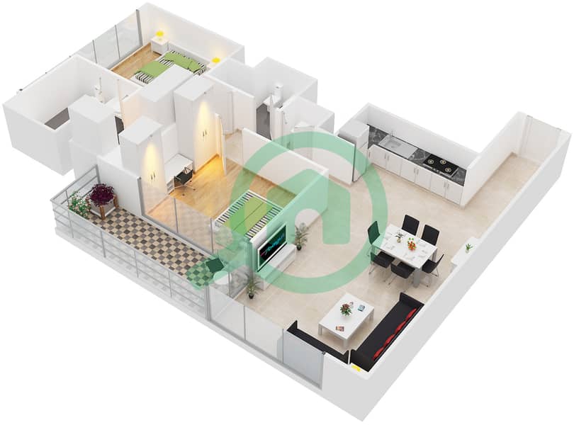 المخططات الطابقية لتصميم النموذج 2 شقة 2 غرفة نوم - كريك جيت Floor 3-17,19-30 interactive3D
