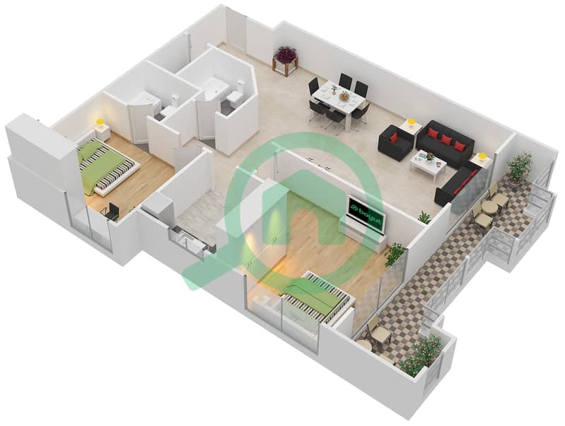 المخططات الطابقية لتصميم النموذج C شقة 2 غرفة نوم - بوابات السيليكون 1 interactive3D