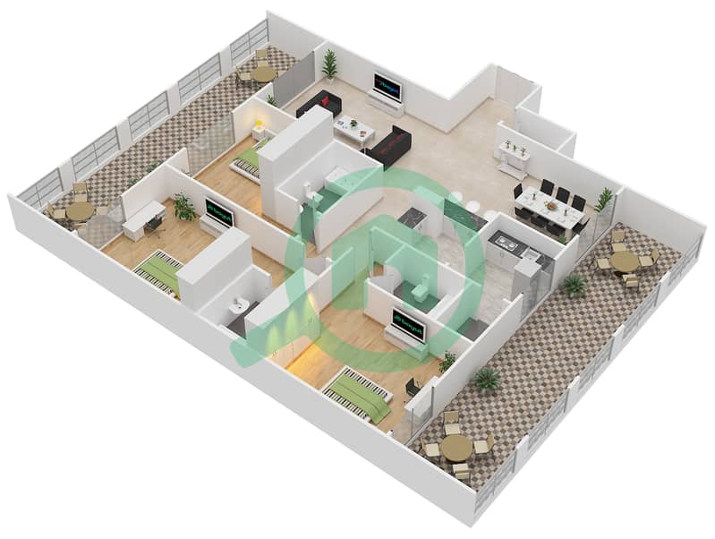 المخططات الطابقية لتصميم النموذج A شقة 3 غرف نوم - بوابات السيليكون 1 interactive3D