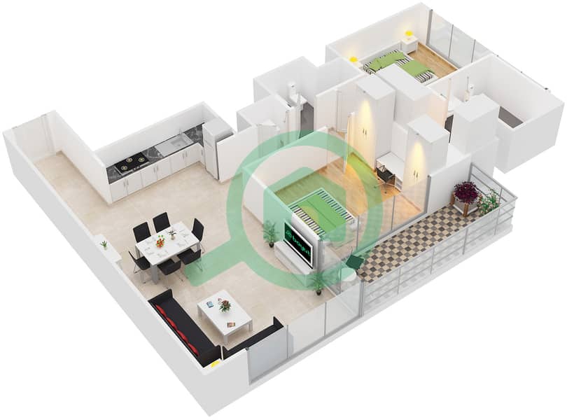 المخططات الطابقية لتصميم النموذج 7 شقة 2 غرفة نوم - كريك جيت Floor 3-17,19-30 interactive3D