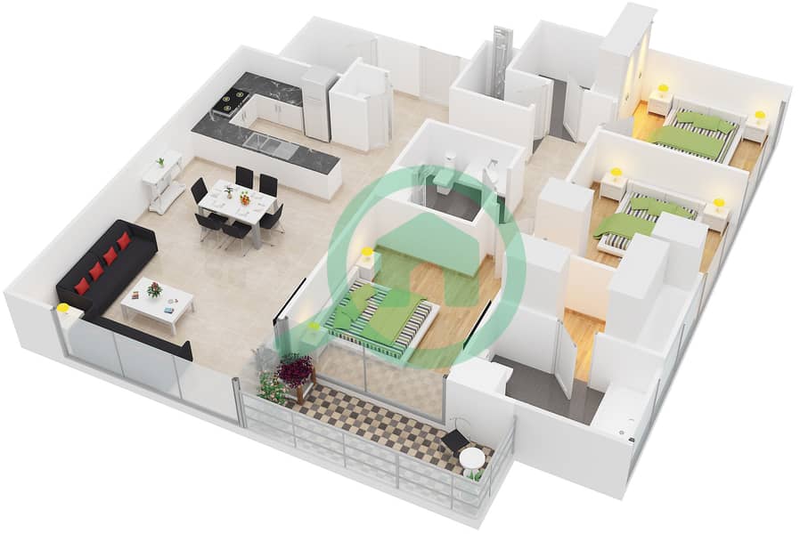 المخططات الطابقية لتصميم النموذج 3 شقة 3 غرف نوم - كريك جيت Floor 3-17,19-30 interactive3D