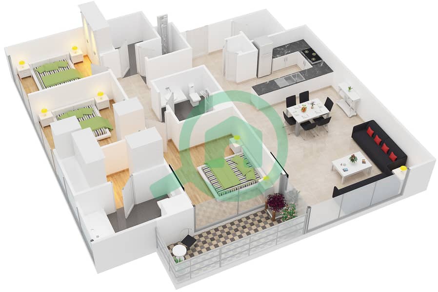 المخططات الطابقية لتصميم النموذج 6 شقة 3 غرف نوم - كريك جيت Floor 3-17,19-30 interactive3D