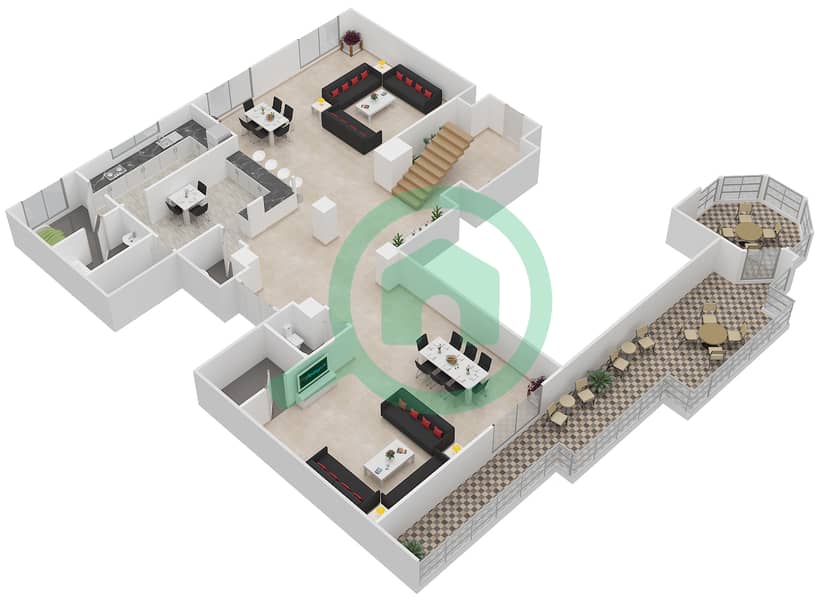 المخططات الطابقية لتصميم النموذج 13 بنتهاوس 4 غرف نوم - بوابات السيليكون 1 Lower Floor interactive3D