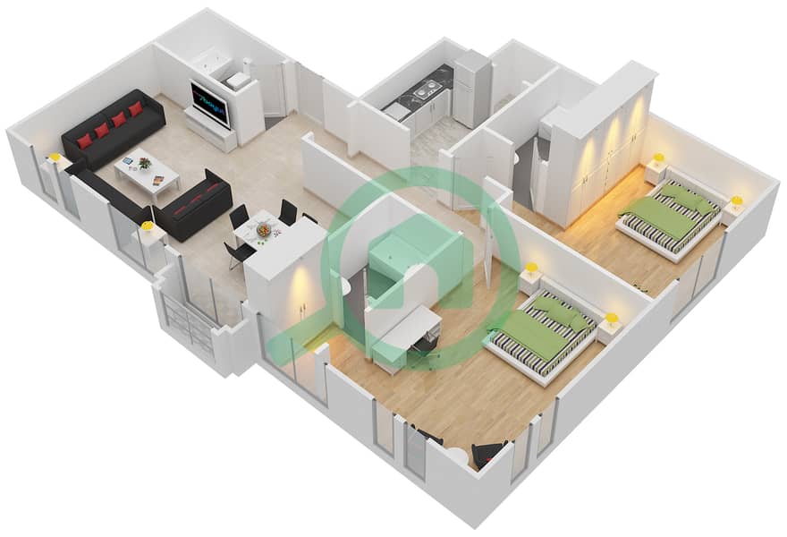 المخططات الطابقية لتصميم النموذج A شقة 2 غرفة نوم - بوابات السيليكون 1 interactive3D
