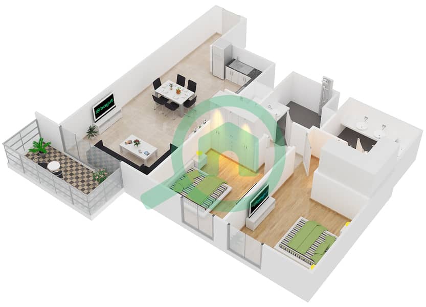 المخططات الطابقية لتصميم الوحدة 1 FLOOR 2-15,16-22 شقة 2 غرفة نوم - 17 أيكون باي Floor 2-15,16-22 interactive3D