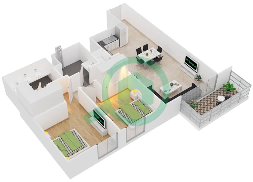 المخططات الطابقية لتصميم الوحدة 5 FLOOR 2-22 شقة 2 غرفة نوم - 17 أيكون باي Floor 2-22 interactive3D