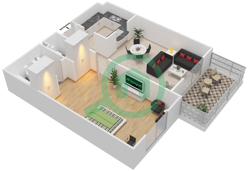 高校景观大楼 - 1 卧室公寓类型1戶型图 interactive3D