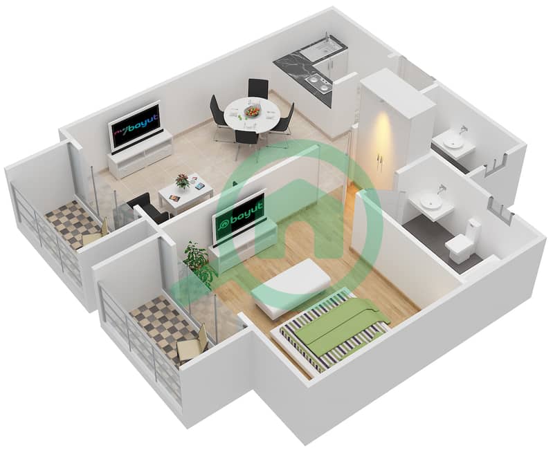 المخططات الطابقية لتصميم النموذج A-D شقة 1 غرفة نوم - الفلك ريزيدينس interactive3D