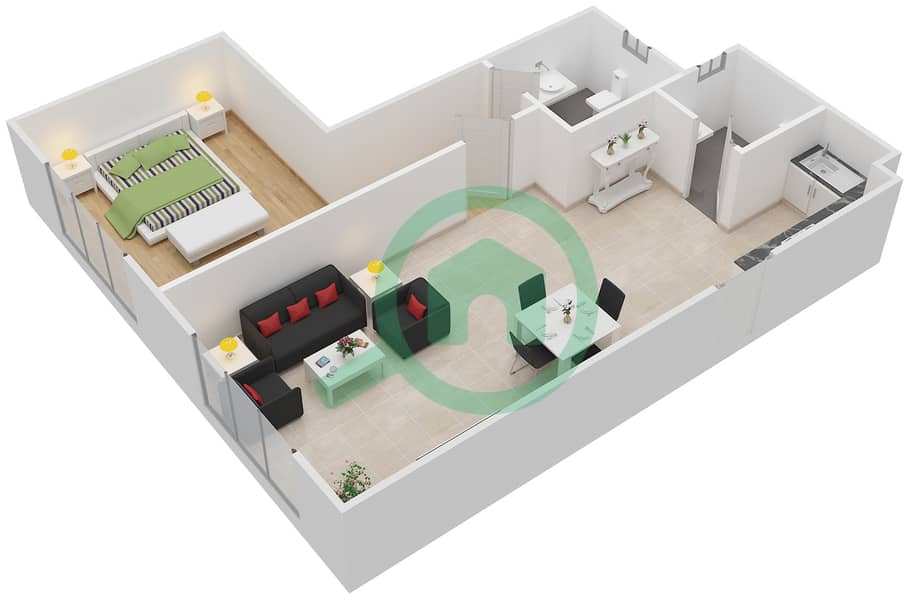 المخططات الطابقية لتصميم النموذج E شقة 1 غرفة نوم - الفلك ريزيدينس interactive3D