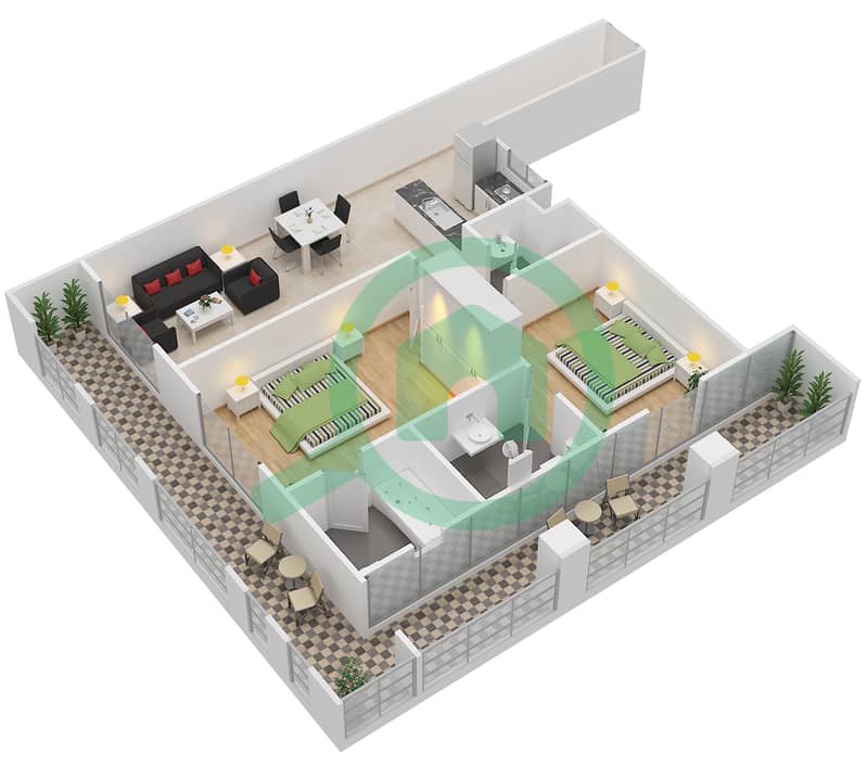 المخططات الطابقية لتصميم النموذج A-N شقة 2 غرفة نوم - الفلك ريزيدينس interactive3D