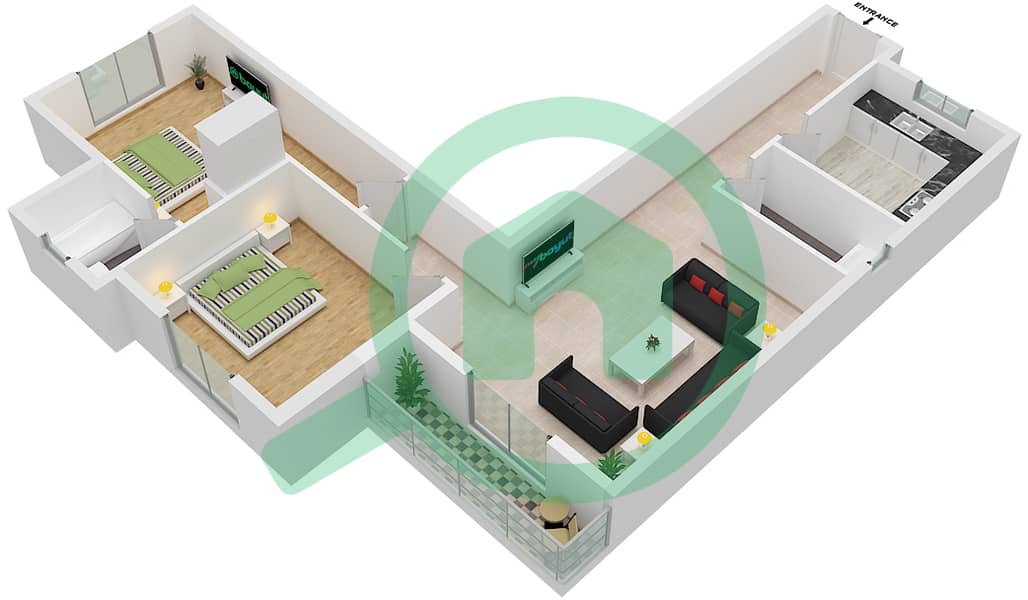 المخططات الطابقية لتصميم الوحدة 101 شقة 2 غرفة نوم - JR ريزيدنس 1 interactive3D