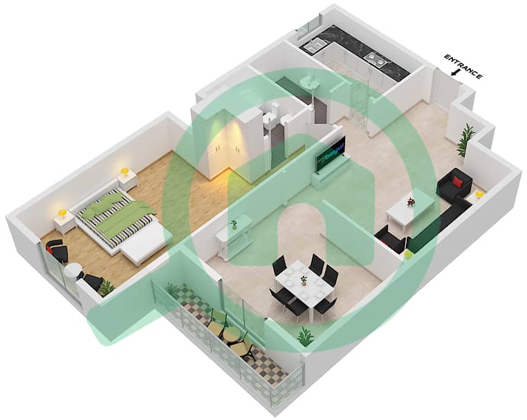 المخططات الطابقية لتصميم الوحدة 105 شقة 1 غرفة نوم - JR ريزيدنس 1 interactive3D