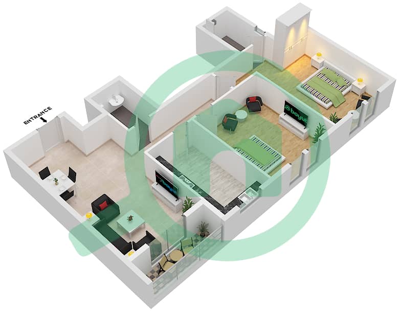 JR 1 号楼 - 2 卧室公寓单位107戶型图 interactive3D