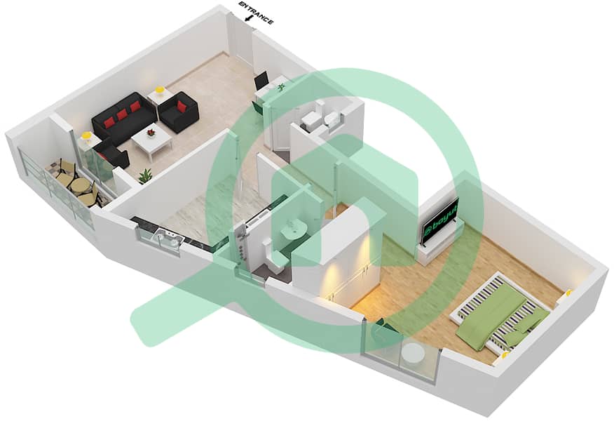 المخططات الطابقية لتصميم الوحدة 108 شقة 1 غرفة نوم - JR ريزيدنس 1 interactive3D