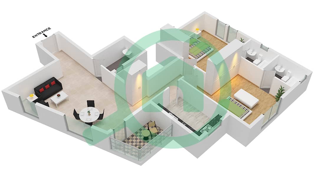 المخططات الطابقية لتصميم الوحدة 110 شقة 2 غرفة نوم - JR ريزيدنس 1 interactive3D