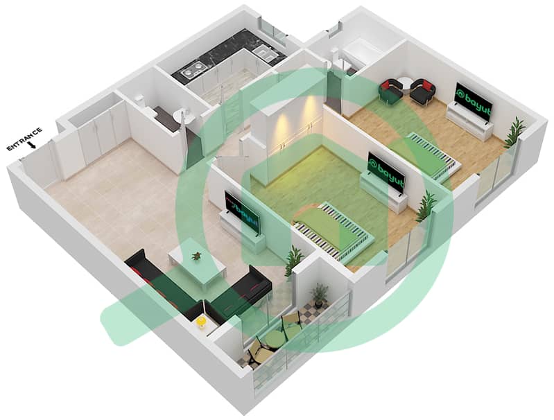 المخططات الطابقية لتصميم الوحدة 102 شقة 2 غرفة نوم - JR ريزيدنس 3 interactive3D