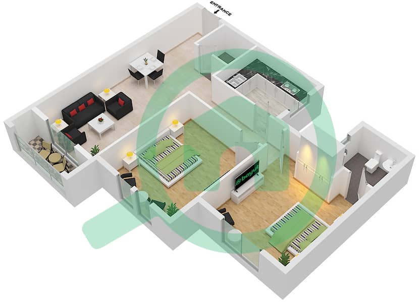 المخططات الطابقية لتصميم الوحدة 106 شقة 2 غرفة نوم - JR ريزيدنس 3 interactive3D