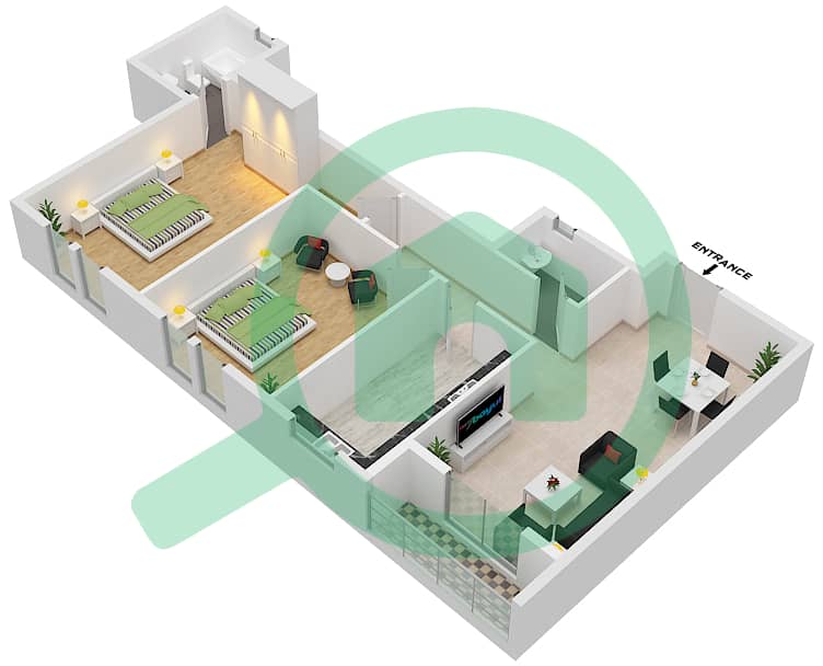 المخططات الطابقية لتصميم الوحدة 109 شقة 2 غرفة نوم - JR ريزيدنس 3 interactive3D
