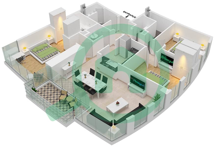 المخططات الطابقية لتصميم الوحدة 6 شقة 3 غرف نوم - برج فيستا 1 Floor 48,50,52,54,56,58,60,62 image3D
