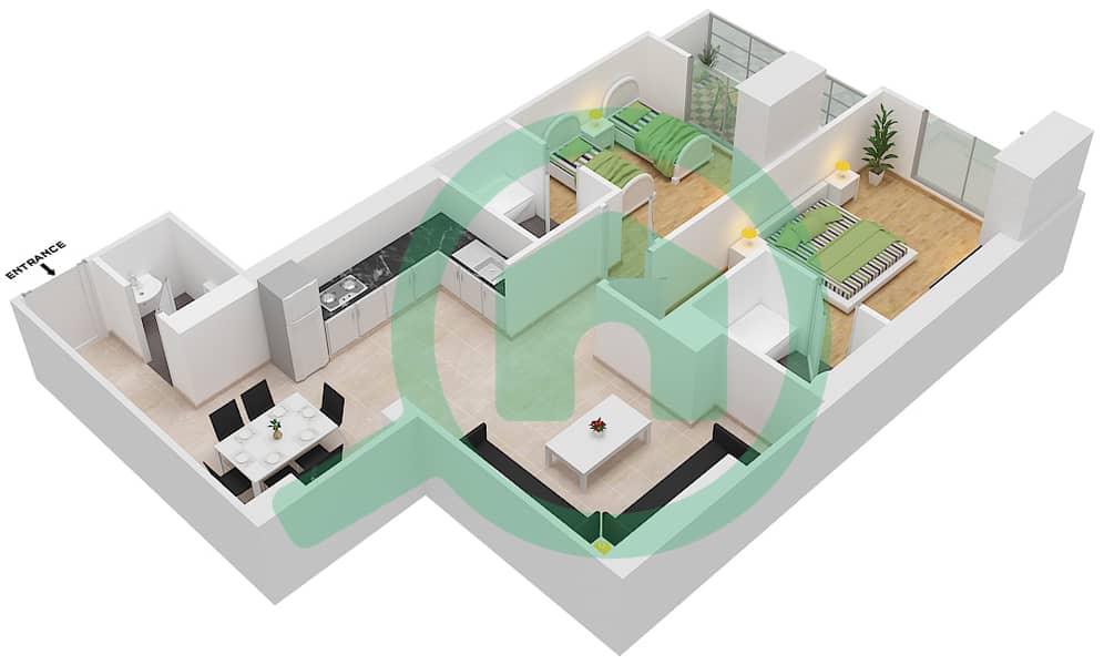 达马克佳丽雅塔楼 - 2 卧室公寓单位1 FLOOR 2-4戶型图 Floor 2-4 interactive3D