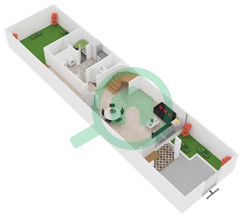 المخططات الطابقية لتصميم النموذج 3 تاون هاوس 4 غرف نوم - سيزونز كوميونيتي Ground Floor interactive3D