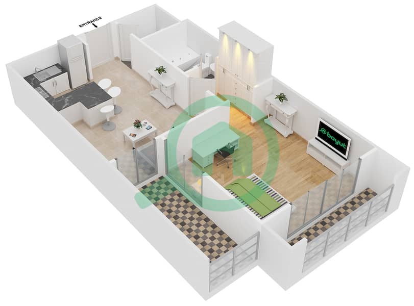 المخططات الطابقية لتصميم النموذج 2 شقة 1 غرفة نوم - سيزونز كوميونيتي interactive3D