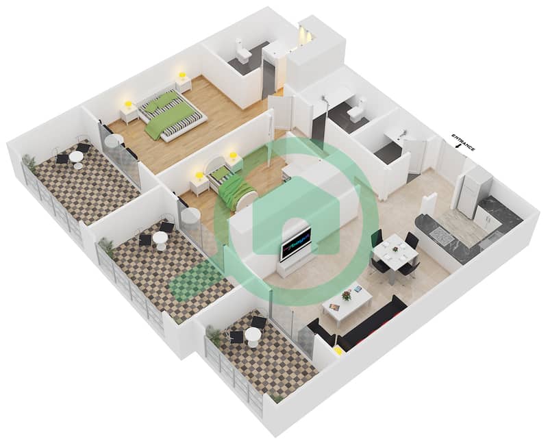 Сизонс Коммьюнити - Апартамент 2 Cпальни планировка Тип 1B interactive3D